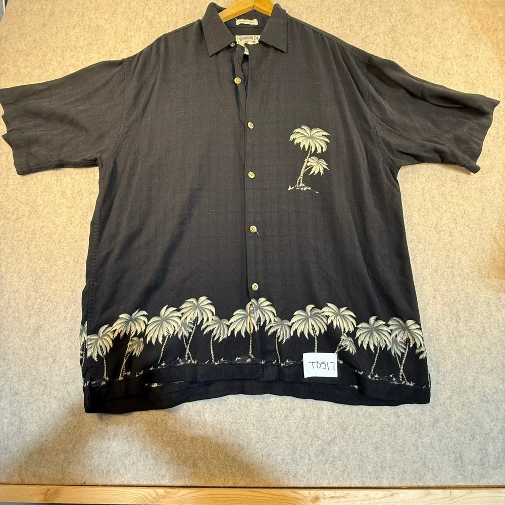 Bamboo Cay Mens Large Black Rayon Palm Tree Embroidered Hawaiian Camp Shirt L